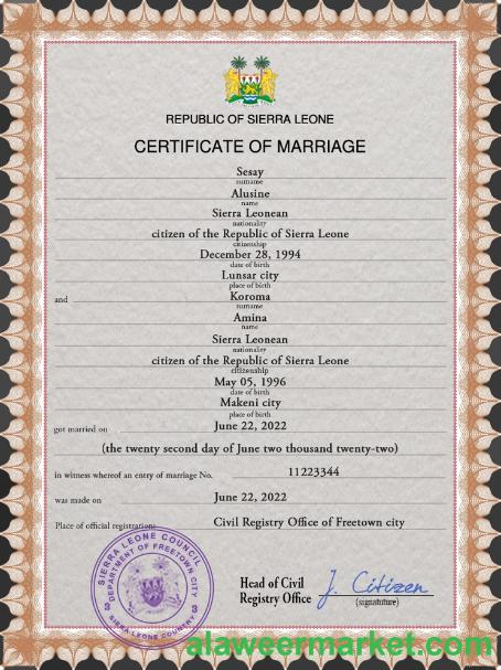 Sierra Leone marriage certificate PSD template